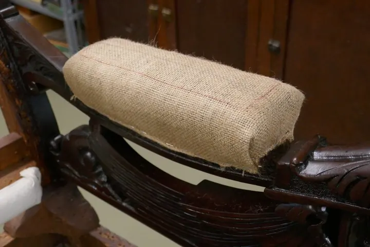 First layer of horse hair pulled down with burlap, marked out for stitching.